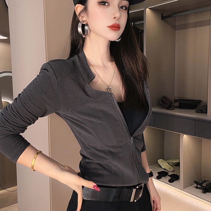 欧货时尚立领双拉链双面绒长袖T恤女通勤修身显瘦气质上衣516