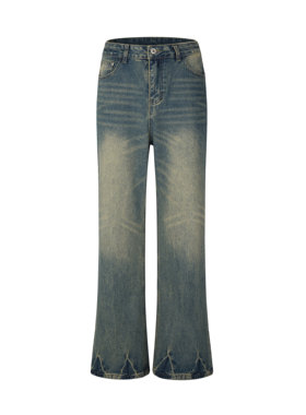 YSFM裤子复古蓝色Cleanfit牛仔裤微喇2024新款美式高街男女款直筒