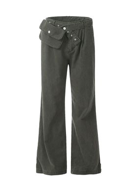 YSFM裤子黑灰色绿色水洗微喇工装裤腰包调节男女同款