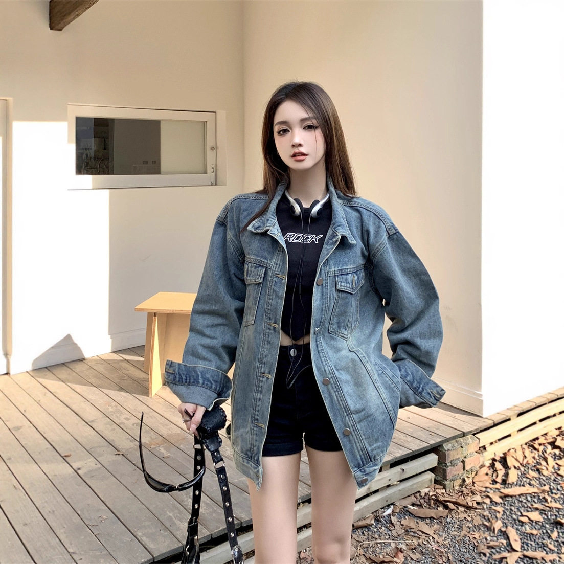 美式甜酷风牛仔长袖外套女秋季新款复古BF翻领时尚百搭外搭上衣潮