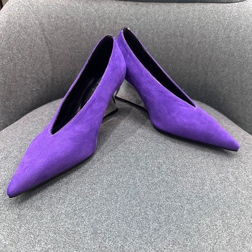 洋气质奶奶鞋v口尖头单鞋女坡跟