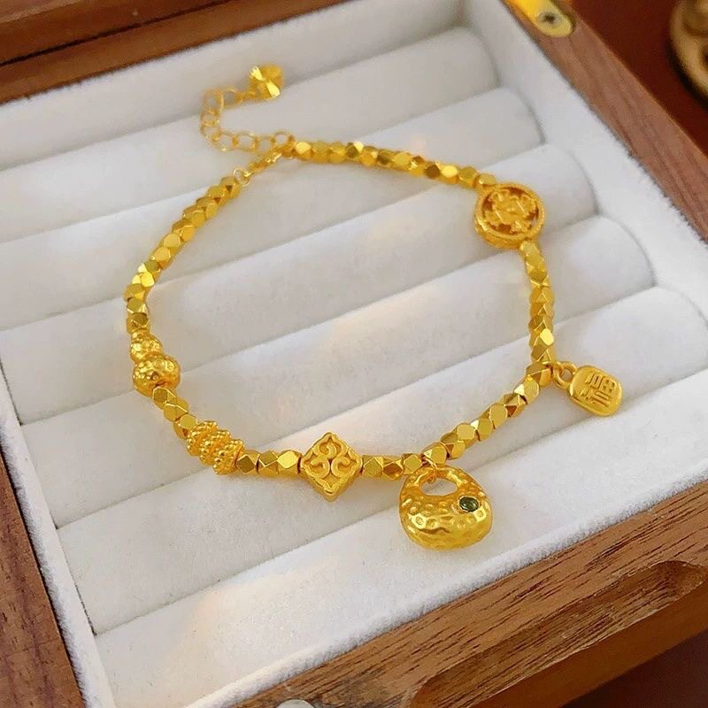 沙金饰品点钻金坨碎银盘缠手链女24K黄金色转运手串小众高级配饰