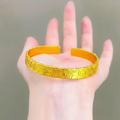 古法沙金手工錾刻吉言手镯