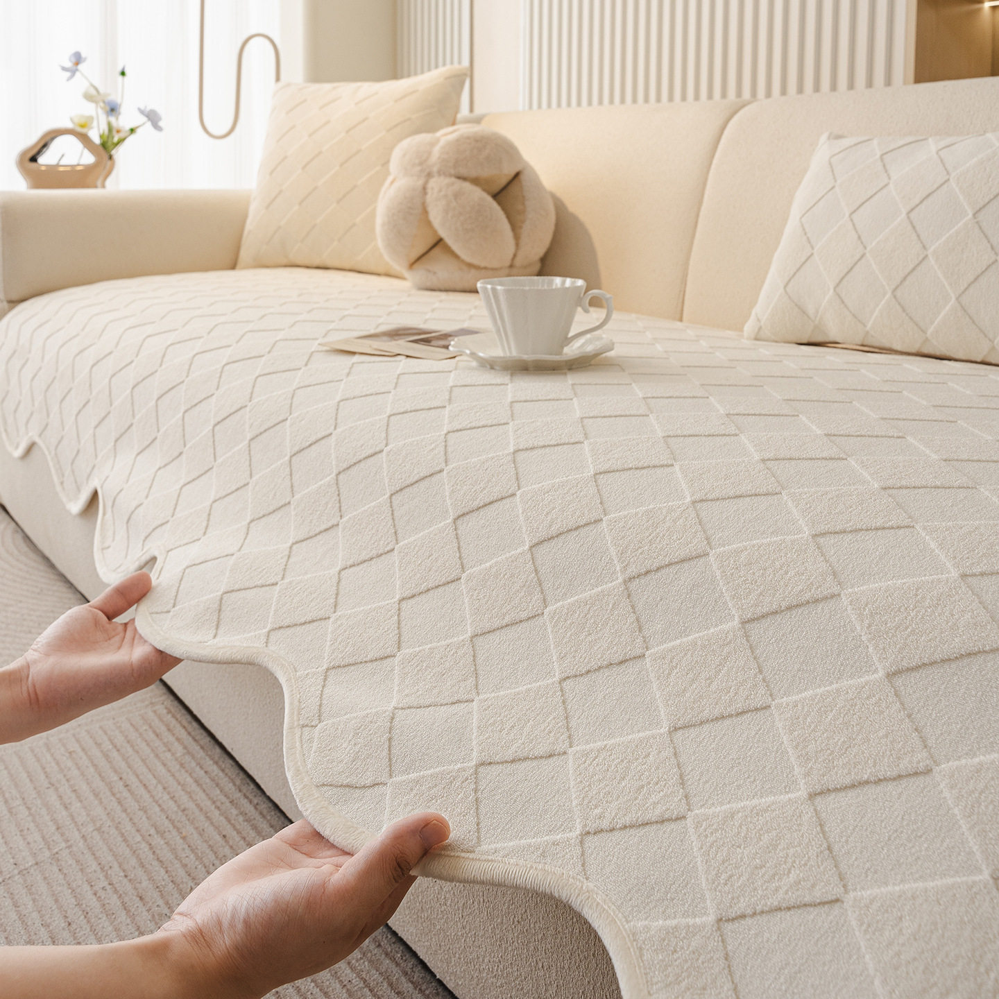 高端定制不规则异形沙发垫秋冬毛绒防滑加厚坐垫高级感沙发套罩布