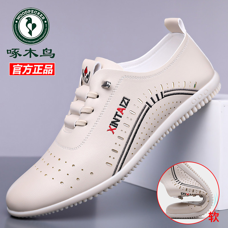 啄木鸟男鞋夏季真皮透气镂空洞洞鞋休闲皮鞋小白鞋男士凉皮鞋