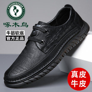 啄木鸟男鞋秋季新款软底皮鞋男真皮鳄鱼纹休闲鞋子男牛筋底英伦鞋