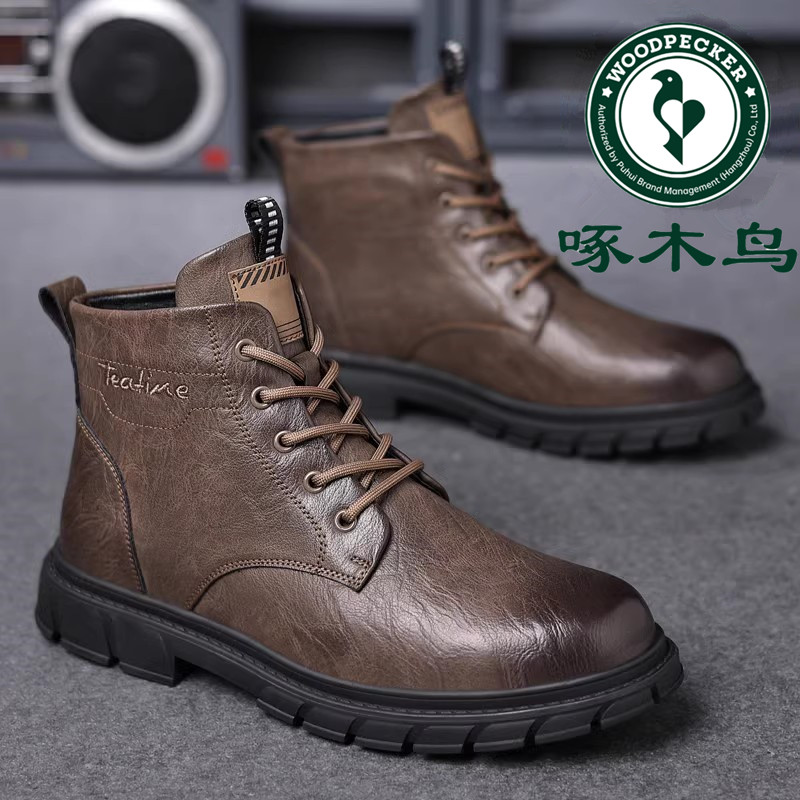 啄木鸟马丁靴男真皮软底高帮加绒棉鞋男百搭潮流复古工装靴男短靴