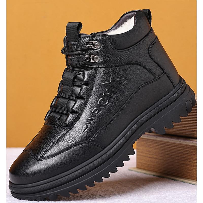 啄木鸟男鞋冬季中高帮加绒棉鞋男真皮羊毛休闲棉皮鞋男软底爸爸鞋