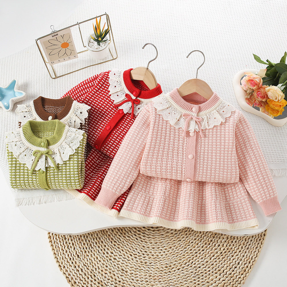 女童毛衣套装春秋冬款蕾丝领花边针织套裙女宝宝韩版洋气长袖开衫