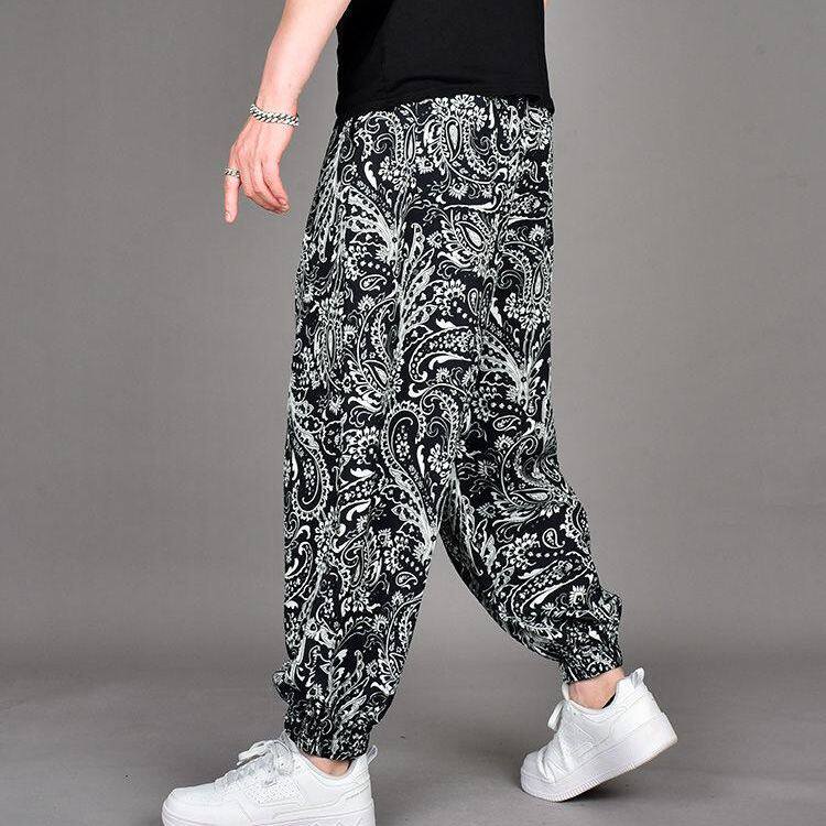 潮牌印花宽松阔腿束脚长裤男士薄款夏季新款冰丝潮流哈伦休闲花裤