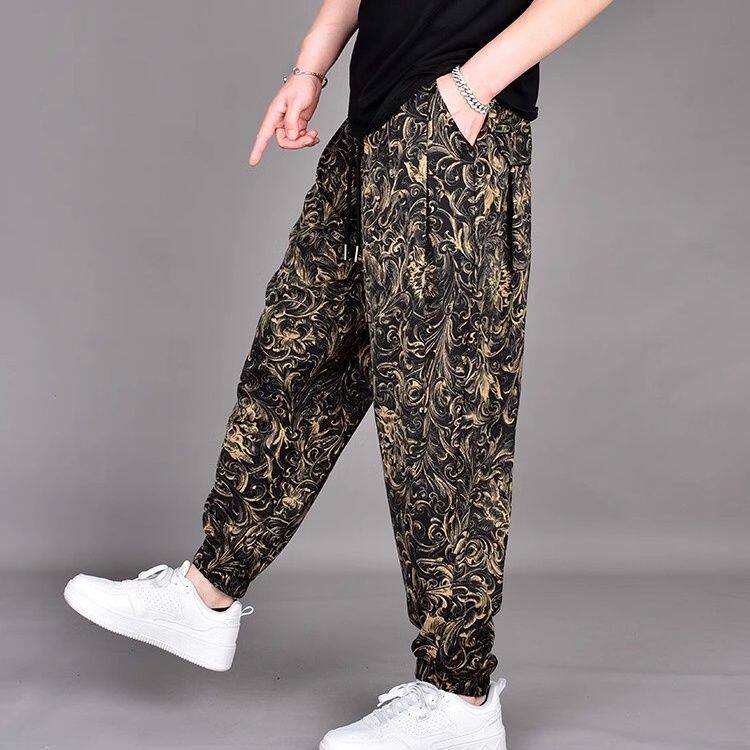 潮流印花宽松阔腿束脚裤男士长裤夏季新款冰丝潮流哈伦休闲花裤