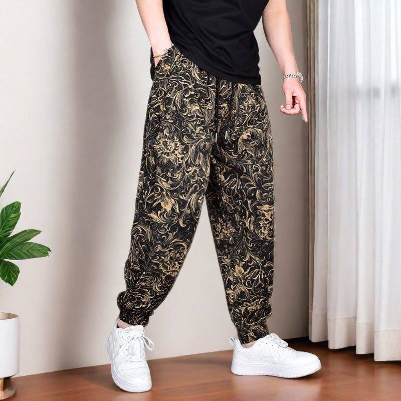 潮牌印花宽松阔腿束脚裤男士2025夏季新款冰丝潮流哈伦休闲花裤子