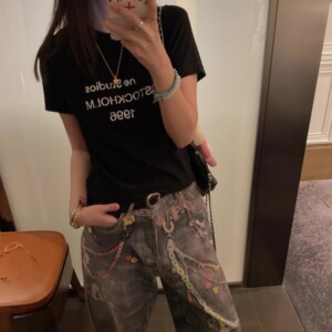 Queen南油高货 做旧字母印花磨破短袖修身T恤25春夏新款纯棉上衣