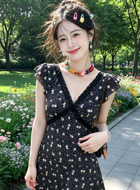 兮兮花颜夏季休闲时尚气质收腰蕾丝碎花连衣裙V领显瘦小飞袖裙