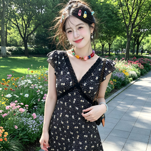 蕾丝拼接连衣裙女黑色碎花裙