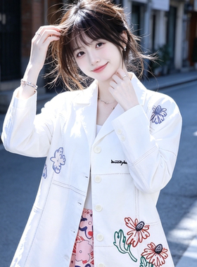 兮兮花颜早春白色刺绣西装女新款气质通勤西装外套女韩版直筒西服