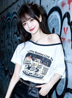 兮兮花颜短袖t恤女2026新款斜肩上衣印花宽松小个子露肩白色打底