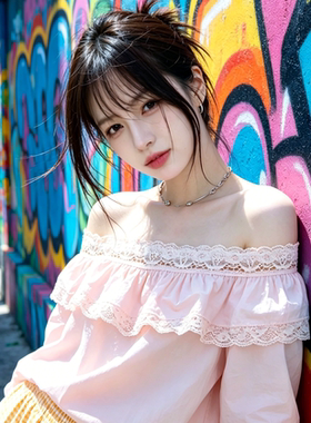 兮兮花颜一字肩长袖衬衫女26春夏新款两面穿上衣蕾丝荷叶边泡泡袖