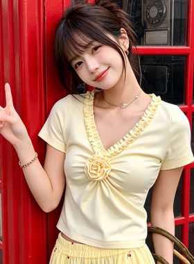 兮兮花颜米色款v领正肩短袖t恤女新款女夏季慵懒风显瘦收腰上衣