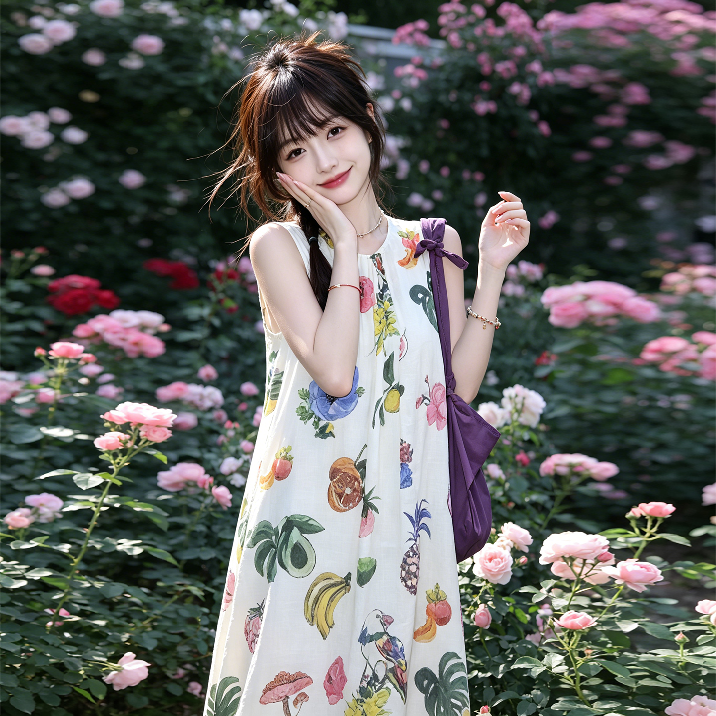 兮兮花颜花色苎麻宽松碎花裙长裙法式度假风绝美印花无袖连衣裙