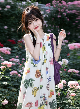兮兮花颜花色苎麻宽松碎花裙长裙法式度假风绝美印花无袖连衣裙