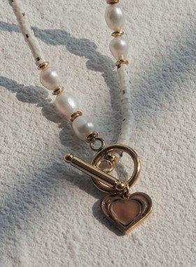 JaR 轻奢小众爱心ot扣珍珠项链个性高级秋冬锁骨链毛衣链