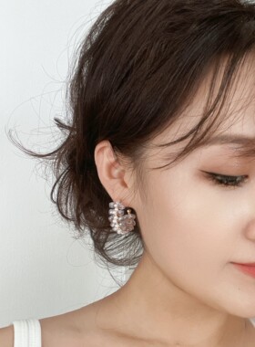 JaR 纯手工淡紫水晶珍珠超闪耳圈气质百搭时尚耳环耳饰