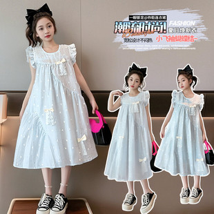 长袖薄女童连衣裙夏季薄款蝴蝶结公主裙中大童洋气甜美可爱风裙子
