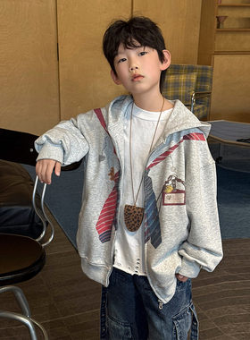 2026新款韩版卡通印花连帽卫衣男童春秋长袖拉链开衫宽松休闲上衣