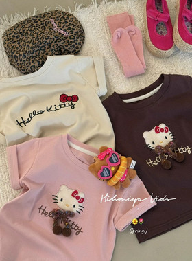 2026短袖薄女童甜美可爱Hello Kitty卡通刺绣短袖T恤纯棉圆领上衣