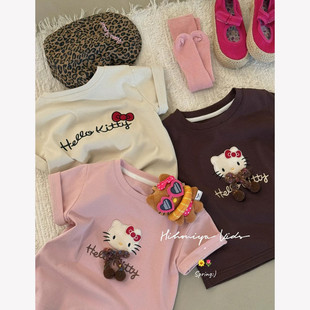 2026短袖薄女童甜美可爱Hello Kitty卡通刺绣短袖T恤纯棉圆领上衣