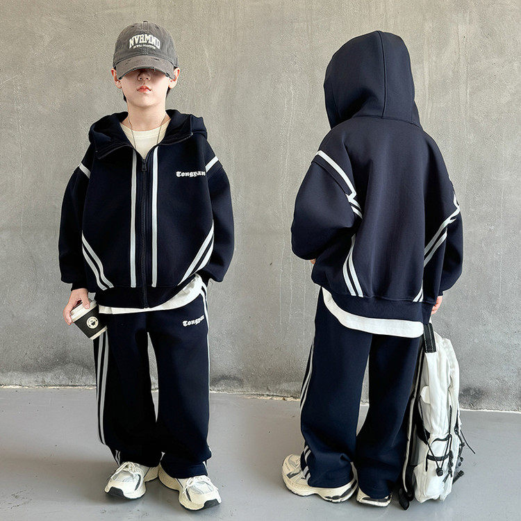 长袖薄款男童套装春秋韩版休闲运动两件套中大童帅气宽松潮流连帽