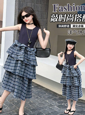 韩系复古无袖拼接格纹蛋糕连衣裙女童夏设计感背心裙2026透气薄款