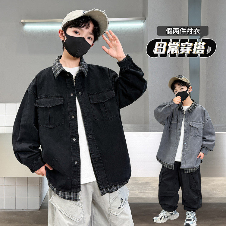 2026长袖薄款韩版男童假两件拼接外套春秋中大童衬衫领夹克洋气潮