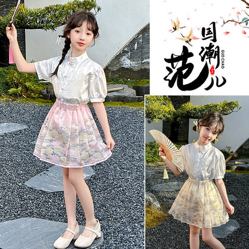 透气薄中国风女童套装2件套四季通用印花衬衫裙子儿童古风演出服