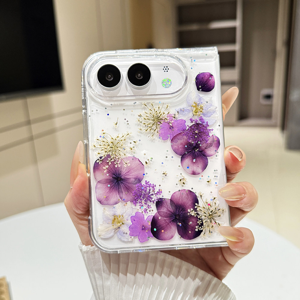 《紫雾凝花》适用iPhone Duo女款紫色永生花真干花苹果Duo手机壳鲜花折叠保护套