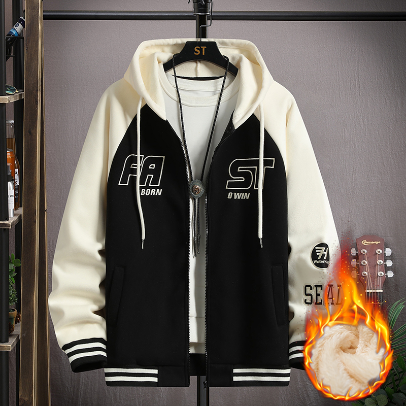 春秋青少年纯棉连帽卫衣男孩运动开衫外套冬季学生大童加绒上衣厚