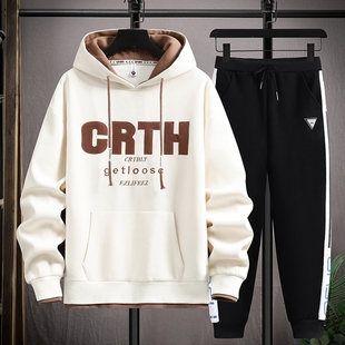 秋冬季加绒加厚纯棉卫衣男孩初中学生运动两件套套装青少年大童装