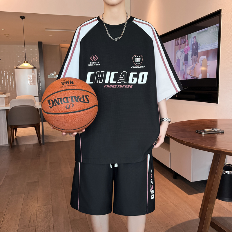 夏季冰丝短袖t恤男孩初中学生蓝球服套装青少年大童运动球衣球裤