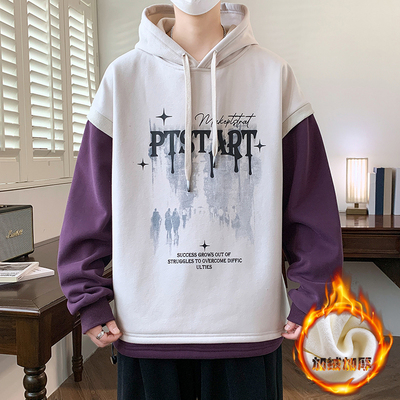 秋冬装假两件上衣帅气青少年初中学生加绒加厚男孩胖大童连帽卫衣