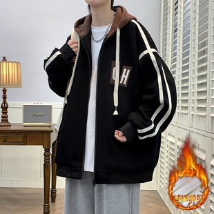 秋冬季男孩初中学生帅气连帽夹克青少年加绒加厚上衣大童春秋外套