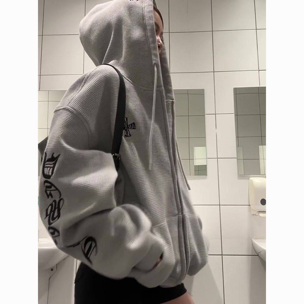 美式复古华夫格加绒连帽女外套