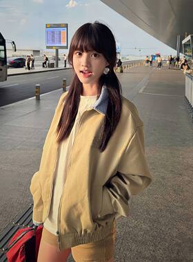 美式工装外套格子拼接学生秋冬新款夹克宽松休闲短款假两件外套女