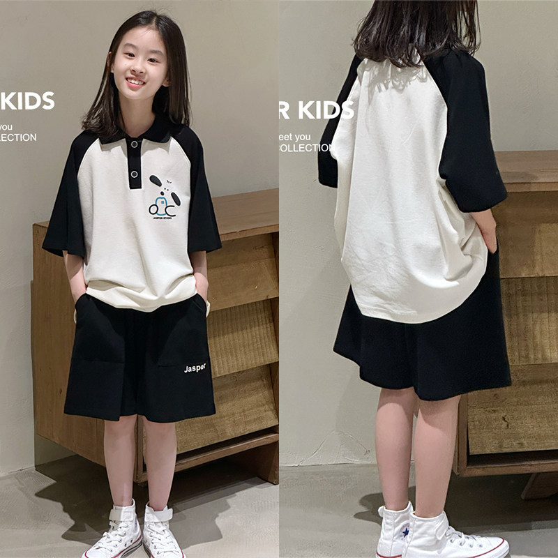 【titikids】jasper童装2024夏新款黑白色休闲polo短袖裤子套装