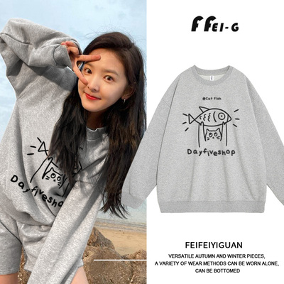 2025秋冬卫衣女章若楠同款灰色圆领长袖小众设计猫鱼印花休闲上衣