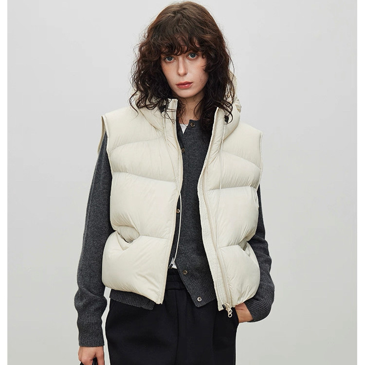 DR欧美秋冬季新款白鸭绒羽绒马甲女小个子连帽宽松短款泡芙背心
