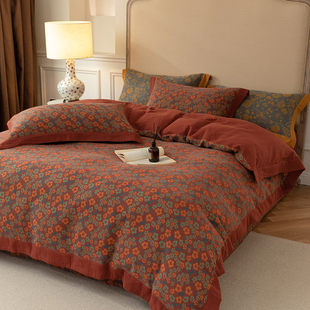 高端复古色织全棉双层纱四件套a类母婴级100纯棉被套被罩床品 新款