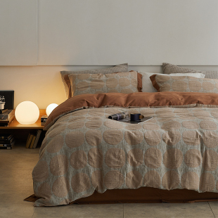 三件套4 北欧复古风A类母婴级全棉色织提花双层纱四件套纯棉床笠款