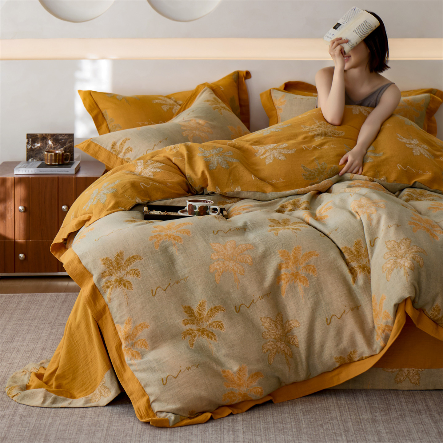 复古风全棉色织双层纱四件套美式纯棉被套床单轻奢风柔软床上用品,床上用品,床品套件/四件套/多件套,淘宝优惠券,粉丝福利购,淘宝优惠卷