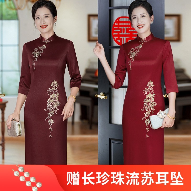 秋冬醋酸弹力缎刺绣旗袍七分袖修身显瘦日常连衣裙礼服妈妈装双层
